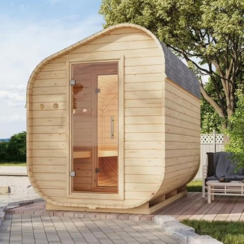 Karibu Sauna Extérieur Tonneau Asymétrique 4 Places | Épicéa Nordique, Porte Vitrée, Poêle 9kW | Dimensions 199x355cm, Parois 38mm