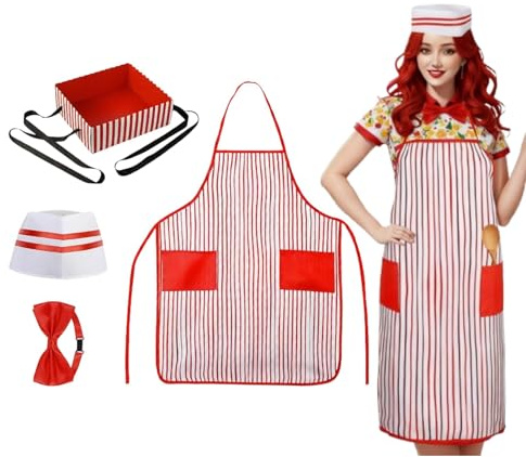 Genérico Disfraz de Palomitas de Maíz para Mujer 3 Piezas Maíz Vendedor Delantal Disfraz con Gorro Pajarita Accesorios de Disfraz de Camarera Clásico Años 50 Rojo y Blanco Delantal para Carnaval
