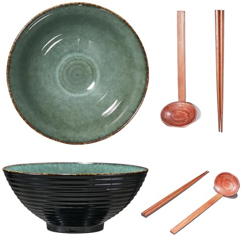 Yuecda 2 Sets 8 Inch Ceramic Ramen Bowl Set of 2, 40oz Japanese Bowls with Spoons & Chopsticks,Durable,Microwave & Dishwasher Safe,Perfect for Ramen,Pho,Salad,Soup,Noodles，Mixing Bowls（Gray）