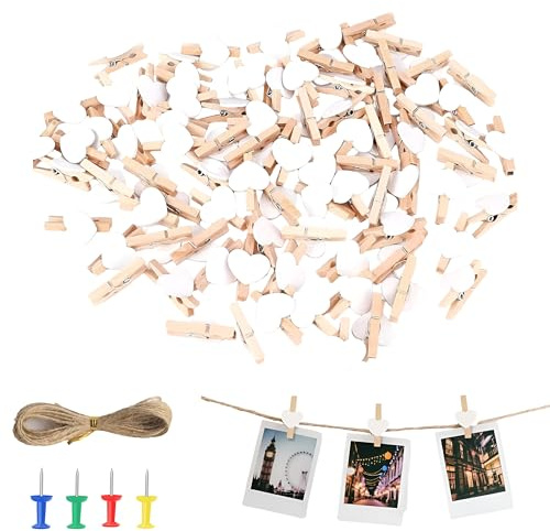 JHEELITE Mini Pinces à Linge Cœur Bois 30mm, 100 Pièces Romantiques | Attaches naturelles en bois avec motif cœur, parfaites pour couples, mariage, Saint-Valentin, cadeaux et décoration festive