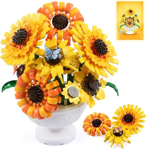 Arrytoy Sunflower Building Blocks for Adults, 2-in-1 Botanical Flower Bouquet with Vase, Van Gogh Inspired Sunflower Brick Set, Decorative Flower Building Kit for Home Decor