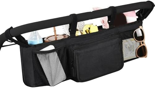 Organizador de cochecito doble carrito plegable de gran capacidad con bolsillos aislados para biberones y artículos esenciales accesorios para cochecitos negros