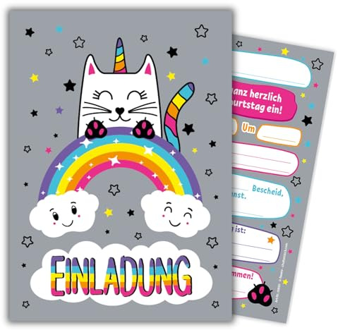 JuNa-Experten 12 Einladungskarten Katze-Einhorn Kindergeburtstag Mädchen Unicorn Geburtstagseinladungen Einladungen Geburtstags-Party Kartenset
