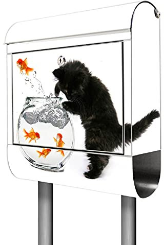 banjado® Standbriefkasten Edelstahl mit Zeitungsfach Motiv Katze Und Fisch/Briefkasten mit Standfuß/Edelstahl Briefkasten freistehend - A4 Einwurf inkl. 2 Schlüssel
