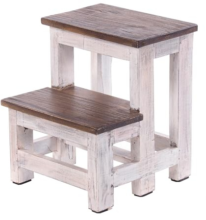 PFLANZENTREPPE Step | 46x37x37 cm (HxBxT), Altholz, zweistufig | rustikales Blumenregal, Pflanzenhocker, Deko-Ständer, handgefertigt | Farbe: 05 weiß-Natur