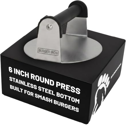 Sasquash Smash Burger Press, Heavy Duty Welded Meat Press Round, 6 Inch Stainless Steel, Flat Handle Hamburger Smasher Tool for Grill, Skillet, Cast Iron Cooking, Kitchen Accessories