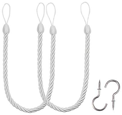 BEL AVENIR Curtain Ropes Tiebacks Tie-Backs, Curtain Handmade Holdbacks with 2 Metal Screw Hooks - White 2 Pack