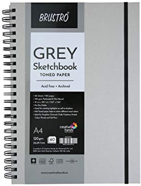 BRUSTRO Toned Paper – Graues Skizzenbuch, A4, 120 g/m², 60 Blatt/120 Seiten, Spiralbindung, Premium, säurefreies Papier, ideal für trockene Medien, Mandala-Kunst, Graphit, Kohle, Farbstifte, Gelstifte