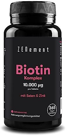 Biotin 12.000 mcg Hochdosiert mit Zink und Selen – 365 Vegane Tabletten (Jahresvorrat) – Vitamine für Haare, Haut und Nägel – Zenement