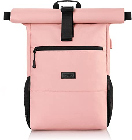 RJEU ryggsäck dam, skolryggsäck flickor tonåringar, rulltopp ryggsäck kvinnor med 12–17 tum laptopfack för fritid, universitet, skola, arbete, resor (Rosa2–26 l)