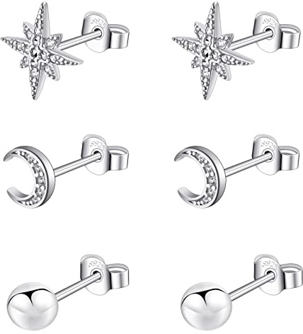 Bo Win 925 Sterling Silber Ohrringe Damen - 3 Paar Silber Ohrstecker mit Stern, Mond und Kugel Design - Klein, Stecker mit Diamanten für Damen, Frauen und Mädchen