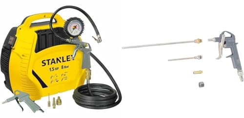 Stanley AIR KIT Compresseur Ultra compact et portatif sans cuve 1,5HP/8bar avec accessoires 1868 & BGS 3215 | Soufflette à air comprimé | fonte d’aluminium | 3 buses