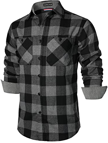 PARKLEES Herren-Fleece-Hemd, klassisch, stilvoll, normale Passform, lässig, langärmelig, Knopfleiste, kariert, mit Tasche, Grau / Schwarz, M