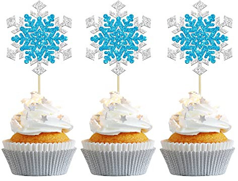 Gyufise 24 Stück Schneeflocken-Cupcake-Topper Blau Silber Glitzer Winter Thema Schneeflocke Cupcake Picks Baby Shower Kinder Geburtstag Weihnachten Party Kuchen Dekorationen Zubehör