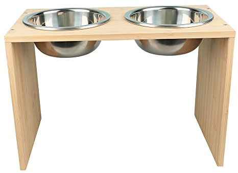 Gamelle Surélevée pour Chien et Chat, Wood Chien Porte Gamelle, 2 Acier INOX Bols Doubles pour Animaux de Compagnie, Support d'alimentation Mangeoire sur Pied avec Patch adhésif