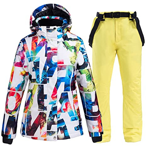 Yytcsjz Damen Ski Jacke und Hose, Damen Bunte Gedruckte Winter Outdoor Warme Kapuze Ski Anzüge, Wasserdichte Winddichte Schneeanzüge, zum Skifahren und viele Outdoor-Aktivitäten