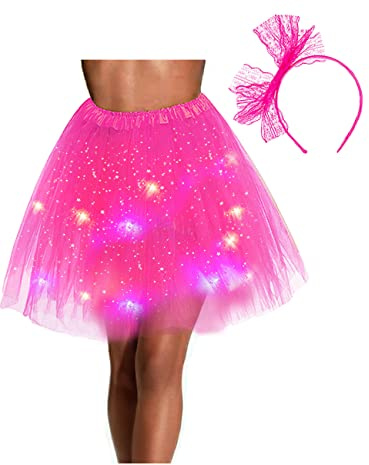 db11 Women's Tulle Tutu Skirt with Lace Bow Headband, Light Up Starry Sky Elastic Ballet Dance Skirt Fancy Dress Party Festival Costume for Party Halloween (Hot Pink)