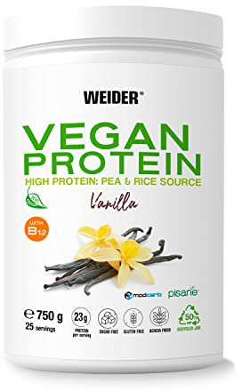 Weider Vegan Protein (750g) Vanilla Flavour. 23g Protein/dose, Pea Isolate (Pisane) & Rice Proteins. with Vitamin B12 & Stevia. Gluten Free, Sugar Free. Packaging 50% Recycled, 100% Recyclable
