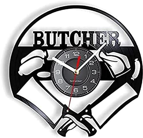 LKCLOCK Wall Clock Butcher Vinyl Record 12 Kitchen Knife Engraved Chicken Sausage Vintage Meat Gift Pork Stall Decor - Black - 35 x 5 cm
