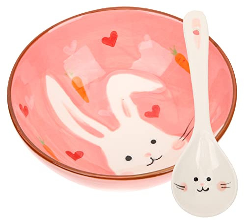 UPKOCH Rabbit Porcelain Bowl Tableware Set 5 Inch Ceramic Dinnerware Kit with Spoon for Kids Home Dining Dishwasher Safe Cute Bunny Design