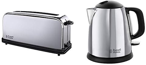 Russell Hobbs Tostadora Victory 1 Ranura Larga para 2 Rebanadas, Acero brillante 23510-56 + Hervidor de Agua Eléctrico 1 litro 24990-70 + Cafetera de Goteo 12 Tazas, Molinillo, Programable 22000-56