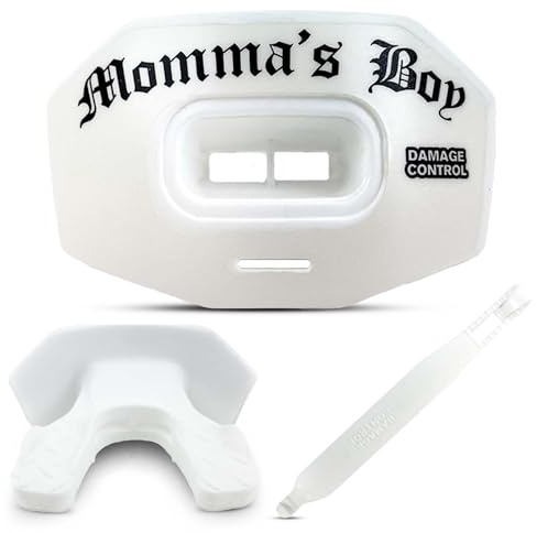 DAMAGE CONTROL Youth Football Mouth Guard – Breathable No Boil Mouthpiece, Protects Lips & Teeth, Works with Braces, Includes Helmet Strap – Sports Gear & Accessories (Momma's Boy)
