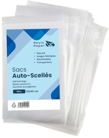 Raylu Paper - Sachets Plastiques Transparents Zip, Pack De 100 Sacs en Plastique Transparent Refermables pour stoker la Nourriture et Autres Objets, Usages Multiples (30 x 40 cm)