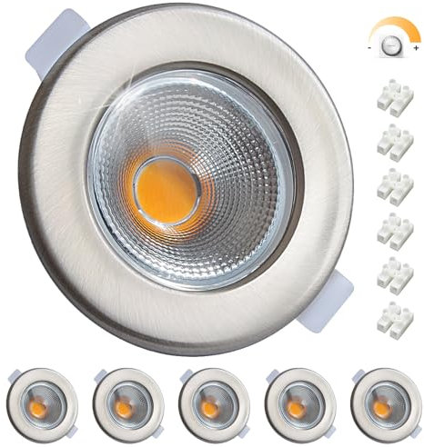 Wondlumi 6X Focos Empotrados LED en el Techo Regulables, 7W Ultra Delgados COB Luces Empotradas Redondas de Cromo Cepillado para Techo, Blanco Cálido 3000K, Lámpara LED 240V, Recorte ø65-88mm.