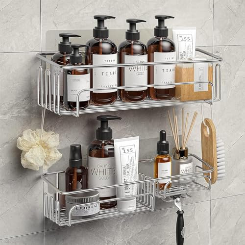 Meltrck Mensola Doccia Senza Foratura - 2 Pezzi Mensole Bagno - Resistente alla Ruggine Porta Bagnoschiuma da Doccia Adesivo,Argento