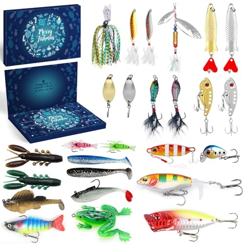 iZoeL Calendrier de l'Avent Peche Calendrier de l'Avent 2025, 24 Leurre Peche Carnassier pour Pêche en Mer/Rivière/Iac, Cadeau Surprise de Noël pour Homme Teenager Papa Grand-Père Oncle