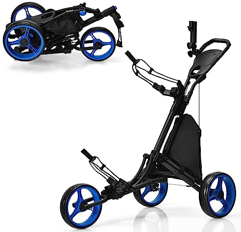 COSTWAY 3 Wheel Golf Push Pull Cart, Lightweight Foldable Golf Trolley with Adjustable Height Handle, Umbrella Stand, Cup Holder and Foot Brake