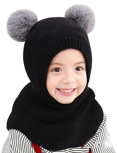 URFEDA Schlupfmütze Kinder Winter Warme,Baby Beanie Stricken Wintermütze Jungen Mädchen Schalmütze Niedlich Strickmütze Kindermütze mit Bommel Fleecefutter Mütze Schal Set für 3-6 Jahre alt Baby