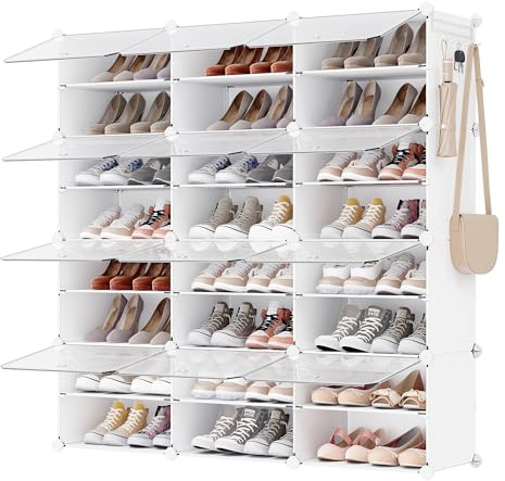 SONGMICS Skoställ med 12 hyllor, skoskåp, 30 x 40 x 30 cm per hylla, smal, med dörrar, stålram, plast, för korridor, sovrum, hall, vit LPC040W01