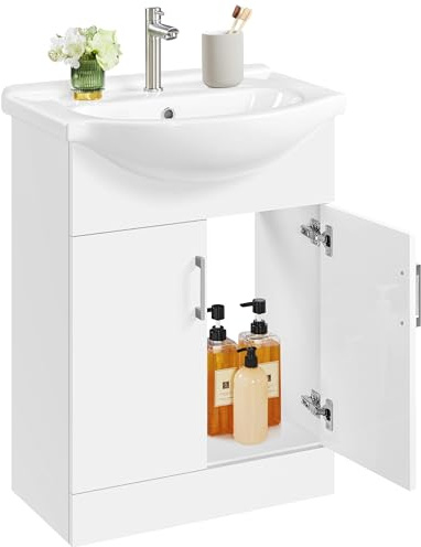 Yaheetech Waschbeckenunterschrank Badezimmerschrank mit Waschbecken, Weiß | Unterschrank mit 2 Türen Badmöbel 2er Set Badschrank Standschrank Waschtischunterbau Keramikbecken Hochglanz 61x43,5x84 cm