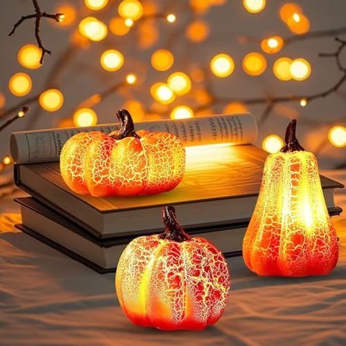 TaimeiMao Halloween Deko Kürbis LED 3 Stück, Herbstdeko Kürbis Laterne | Herbstdeko Kürbis Deko mit LED Licht, Tragbare Kürbis Led, Halloween ThanksgivingDeko