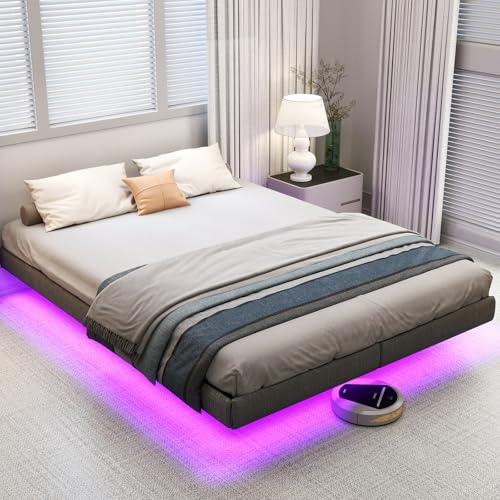 Bett 140x200 mit LED, Schwebebett Bettgestell 140x200cm Bett mit Weicher Polsterung, Doppelbett, Jugendbett, Robuster Metall Betten Bettrahmen 140x200 mit Stauraum, Geräuscharm & Montagefreundlich​​