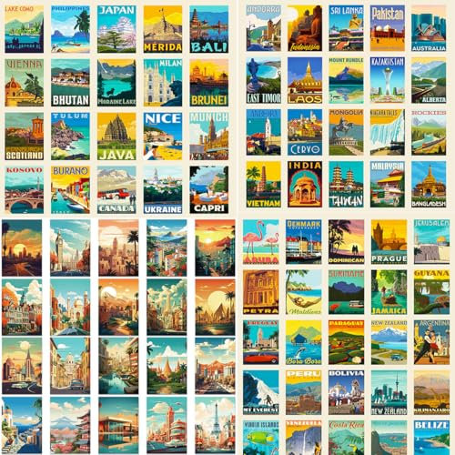 IFUDE Cartoline da viaggio vintage 50 diversi poster da viaggio paesaggio architettonico decorazione da parete postcrossing +100 adesivi di poster di fama mondiale