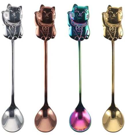4Pcs Lucky Cat Coffee Spoon Cartoon Mini Cat Style Dessert Spoon, 4 Color Mixing Spoon Stainless Steel Teaspoon Home Kitchen Accessories