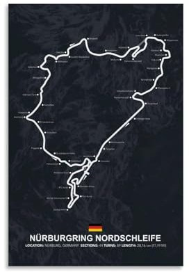 HKLOPUY Póster de mapa de Fórmula 1 Nurburgring Nordschleife, pintura decorativa, lienzo, póster de pared e imagen artística moderna para decoración de dormitorio familiar, 50 x 75 cm