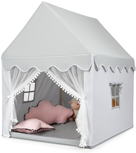 HOMASIS Kinderzelt für Indoor, Kinderspielhaus mit Matte & Fenstern & Holzrahmen & Vorhang, Kinder Spielzelt Prinzessin für Mädchen & Jungen, Bettzelt Tipi Zelt 105x120x140 cm (Modell 2-Grau)