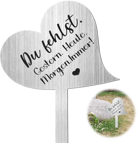 Decorazione per tomba, resistente alle intemperie, 28 cm, in acciaio inox, con scritta Du Fehlst. Ieri, decorazione per tomba resistente alle intemperie, resistente alle intemperie