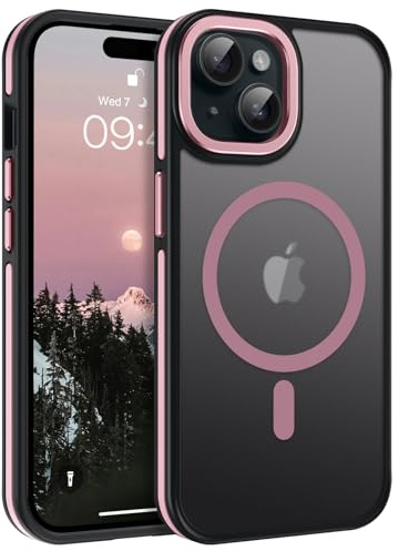 GUAGUA Custodia magnetica per iPhone 15 Plus, compatibile con MagSafe Cover protettiva antiurto traslucida opaca posteriore sottile robusta TPU PC anti-giallo case per iPhone 15 Plus, rosa/nero