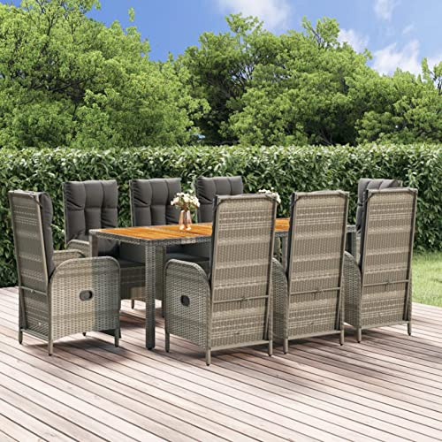 IKAYAA Rattan Essgruppe 8 Personen Gartenmöbel Essgruppe mit Verstellbare Hochlehner Stühlen Garten Sitzgruppe Grau Rattan Gartenmöbel Set mit Auflagen Sitzgarnitur mit 190 cm Tischlänge