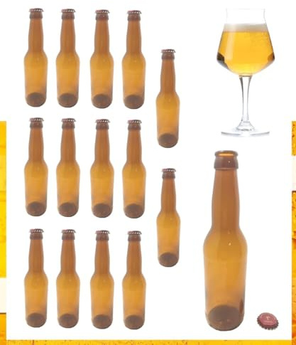 Buyglass Bottiglie di Birra in Vetro Ambrato, Set da 15 Pezzi, 330 ml, con Tappo a Corona