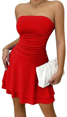 Ausing Abito Aderente con Spalle Scoperte Donna Sexy Vestito Discoteca Corto Abiti Party Cocktail Elegante Mini Tubino Senza Spalline Maniche Schienale Abito Increspato Attillato Bodycon Sera Rosso L