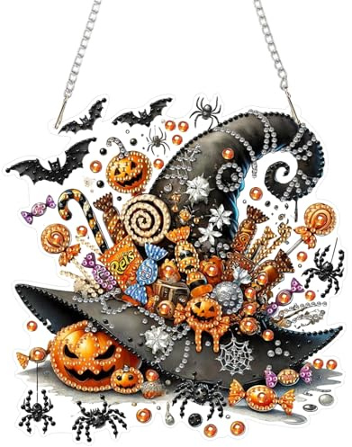 DOMROM Halloween Diamond Art Painting Anhänger, Hut Diamond Painting Fensterbilder, Süßigkeiten Diamond Painting Hängende Ornament für Kinder Erwachsene Diamant Malerei Basteln Tür Wand Fenster Deko
