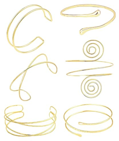 TELAIN 6 Stück Gold Armreif Oberarmreif für Damen, Einstellbare Armreifen aus Hochwertigem Metall, Boho Stil Goldene Armreifen, Perfekt für Partys und Alltag（Stil 3）