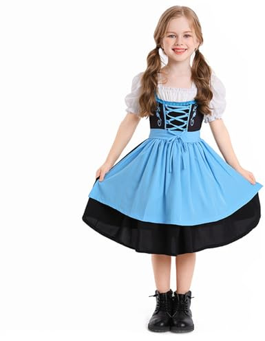 Flerfärgad Oktoberfest Dirndl klänning outfit med puff ärm och förkläde för flickor bayersk ölfestival traditionell tysk klänning karneval halloween kostym, BLÅ, M