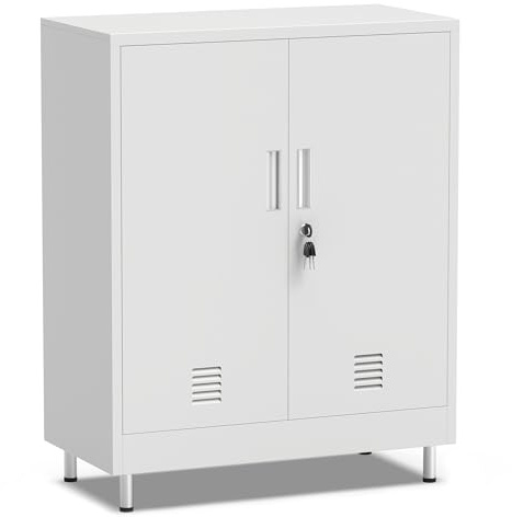 JINGUR Metal Storage Cabinet with Locking Doors and 2 Adjustable Shelves, Lockable Storage Cabinet for Home Office Garage Pantry Living Room (White)