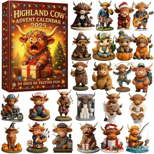 Highland Cow Advent Calendar 2025, Handmade Highland Cow Doll Ornaments, 24-Day Christmas Advent Calendar, With Cute 2d Highland Cow Hanging Ornaments, A Fun For Family And Friends